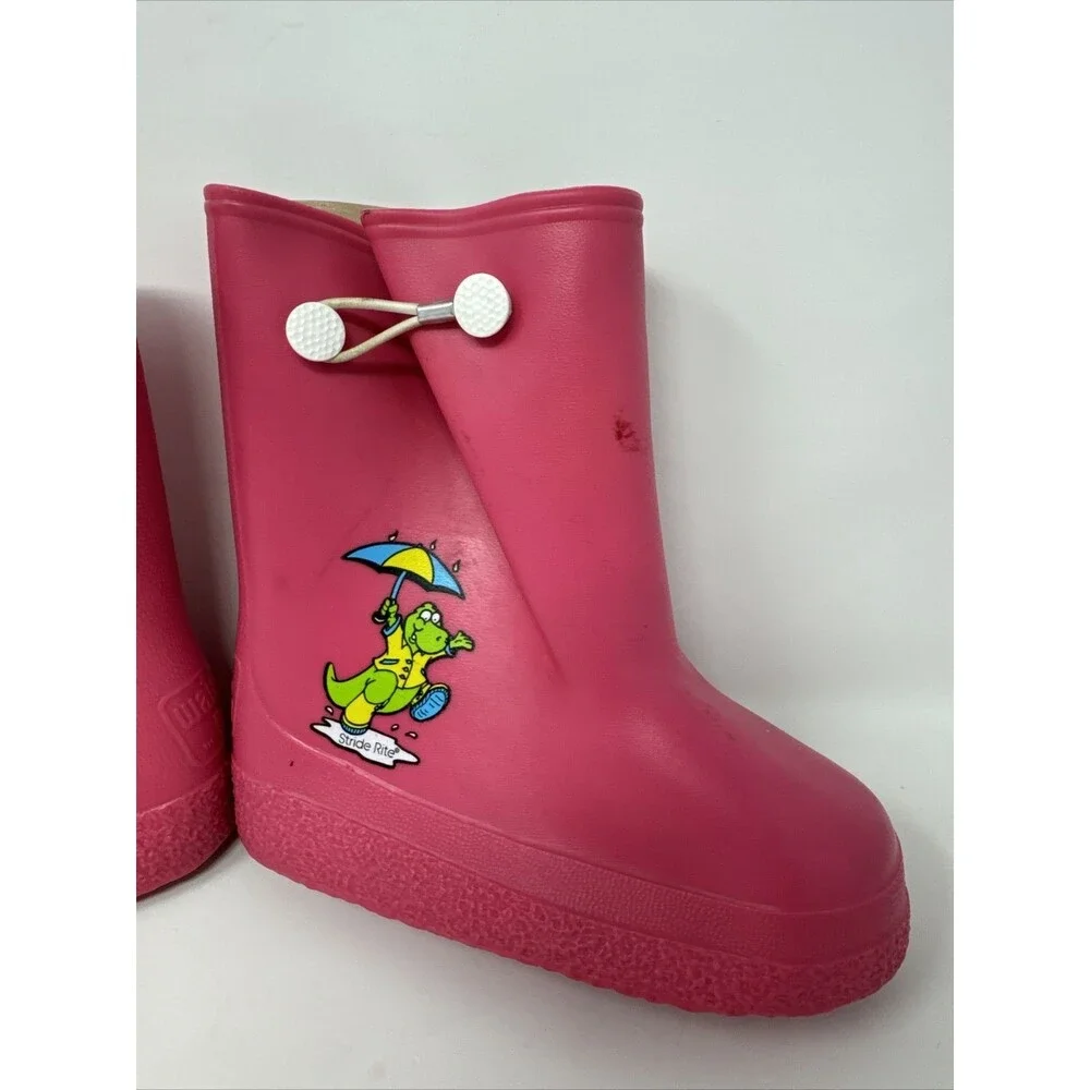 STRIDE RITE Kids Waterproof Rain Boots Toddler 8 Pink Dinosaur Water Poofs Vgt